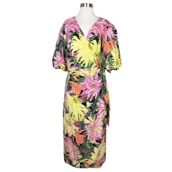 H&M Puff Sleeved Wrap Dress Green/Floral Bright Tropical XXL - Picture 3 of 7